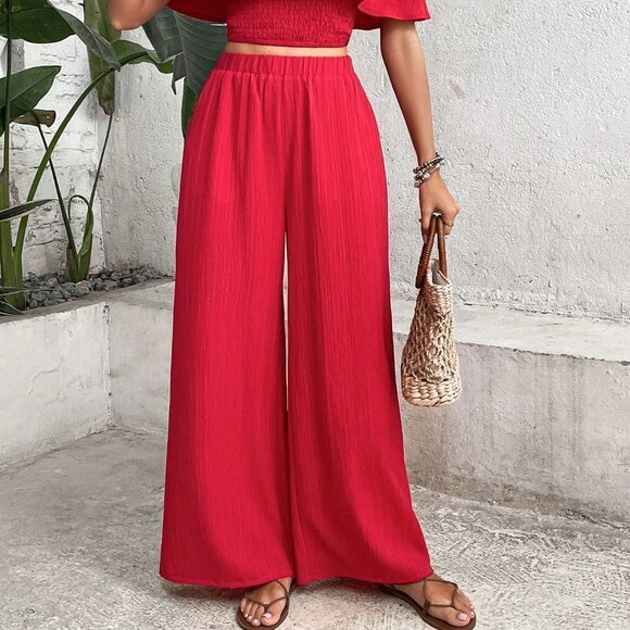 Red Boho Womens Off Shoulder Ruffle Trim Top & Wide Leg Pants - Picture 4 of 5